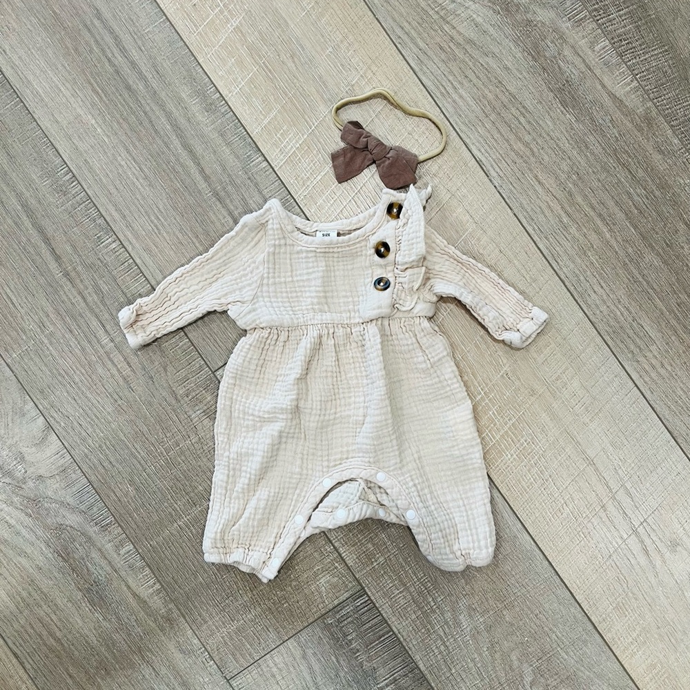 Soft and Adorable Cream Buttoned Baby Girl Romper and Headband